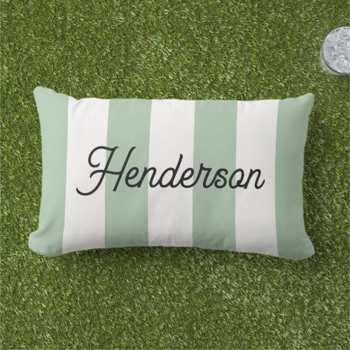 Sage Green and White Cabana Stripes Monogrammed Lumbar Pillow