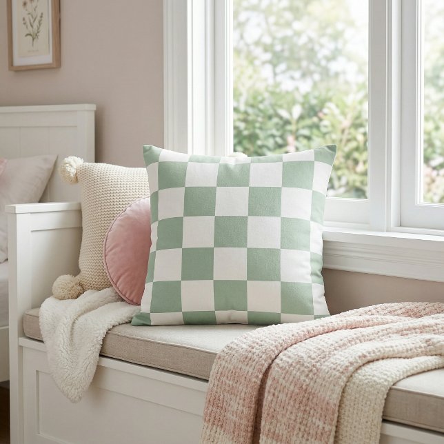 Sage Green and White Checkerboard Throw Pillow (Creator Uploaded)