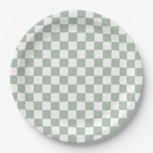 Sage Green and White Checkered Paper Plates