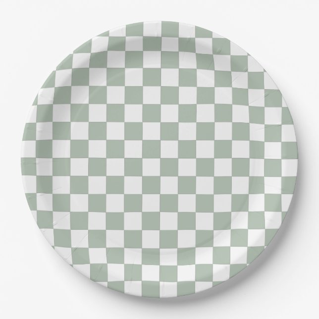 Sage Green and White Checkered Paper Plates (Front)