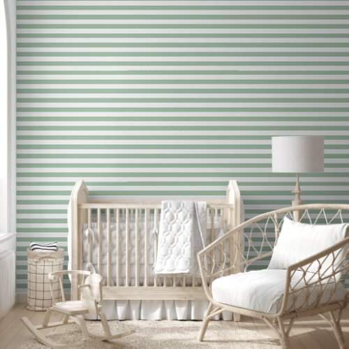 Sage Green and White Classic Horizontal Stripes Wallpaper