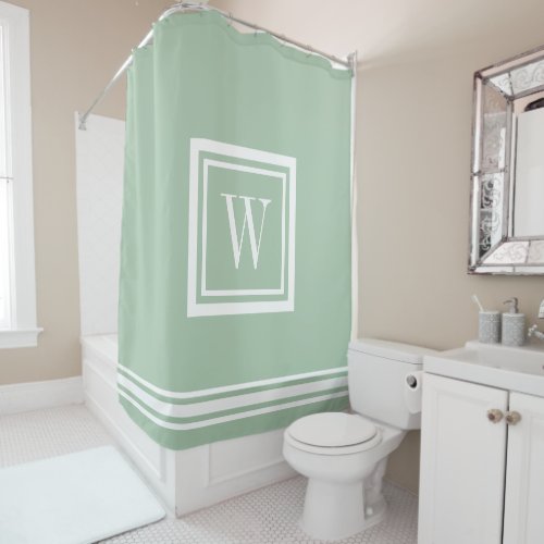 Sage Green and White Classic Square Monogram Shower Curtain