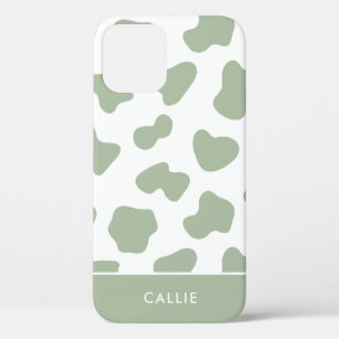 Sage Green And White Cow Print Custom Name iPhone 12 Case