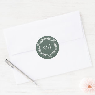 Sage Green and White Crest Monogram Classic Round Sticker