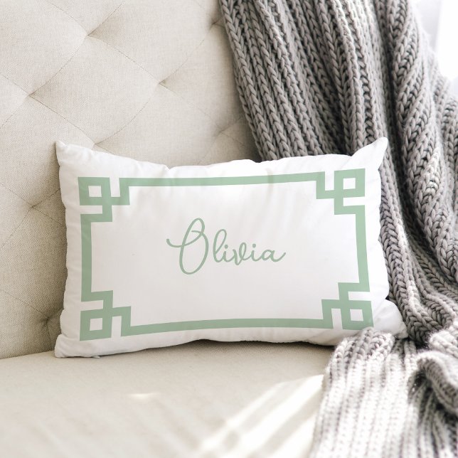 Sage Green and White Custom Name Monogram Lumbar Pillow (Creator Uploaded)