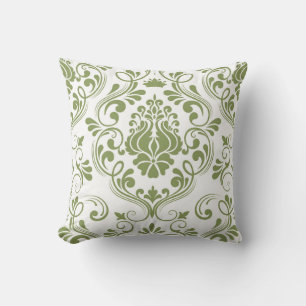 Sage Green and White Damask Floral Pattern Elegant Throw Pillow