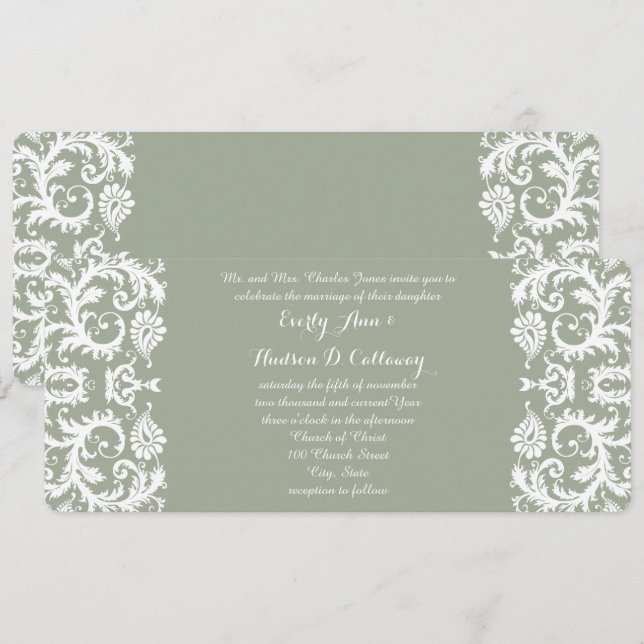 Sage Green and White Damask Wedding Invitation (Front/Back)
