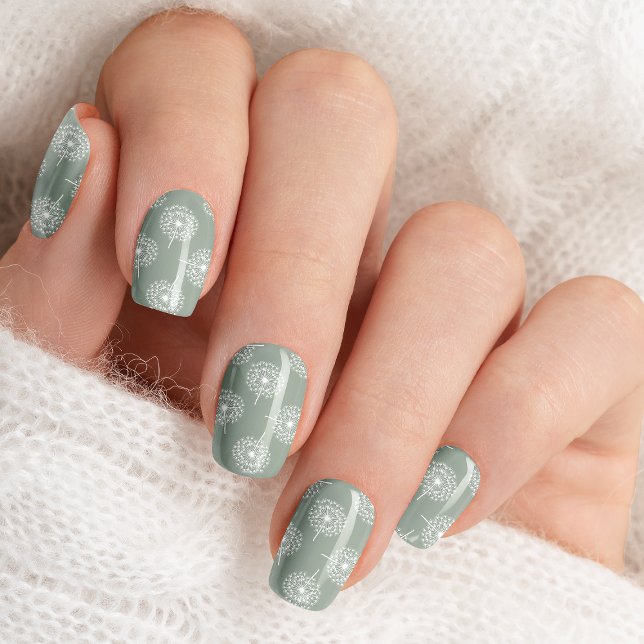 Sage Green And White Dandelions Floral Pattern Minx Nail Art (Creator Uploaded)