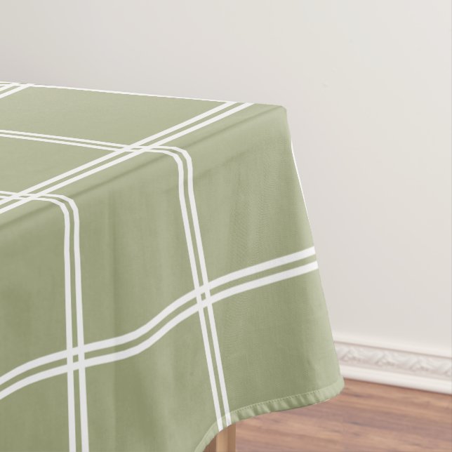 Sage Green and White Double Stripe Plaid Tablecloth (In Situ)