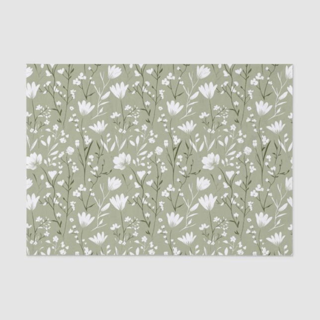 Sage Green and White Floral Bridal Birthday  Tissue Paper (Front)