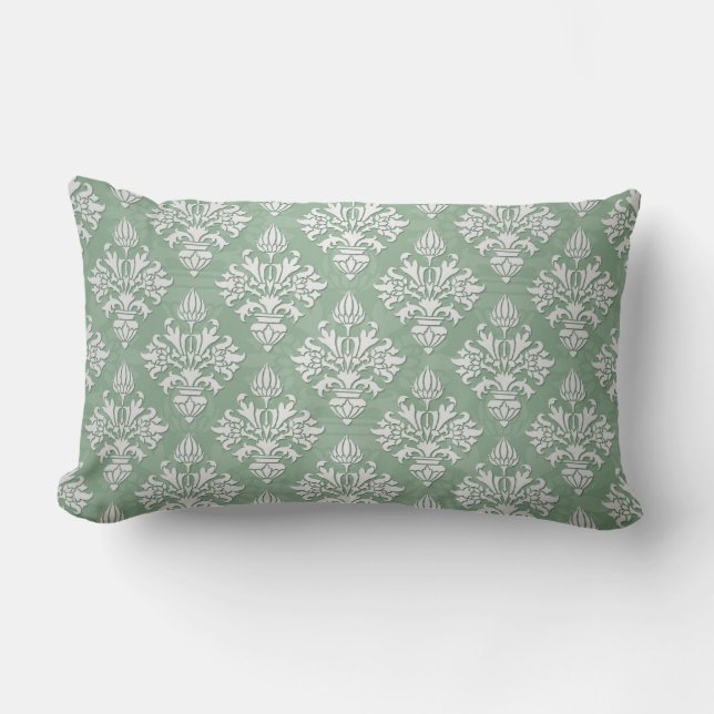 Sage Green and White Floral Damask Lumbar Pillow (Front)