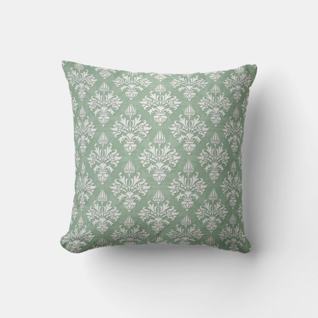 Sage Green and White Floral Damask Throw Pillow (Front)
