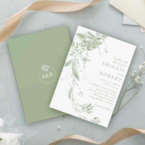 Sage green and white floral garland wedding invitation