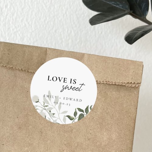 Sage Green and White Floral Love is Sweet Wedding Classic Round Sticker