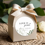Sage Green and White Floral Love is Sweet Wedding Classic Round Sticker<br><div class="desc">Custom-designed wedding favor stickers and labels featuring "love is sweet" modern elegant sage green and white floral design.</div>