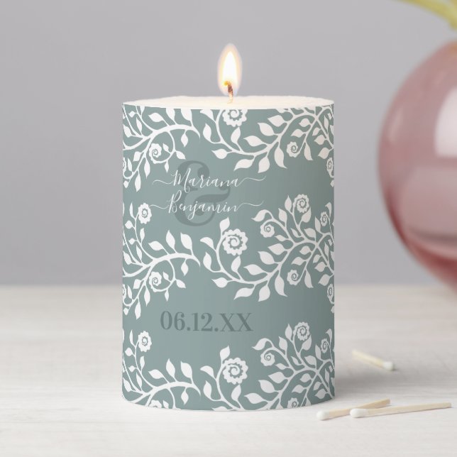 Sage Green And White Floral Personalized Wedding Pillar Candle (In Situ)
