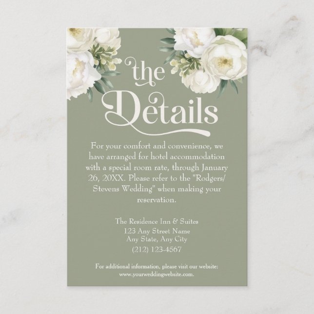 Sage Green and White Floral Wedding Details Enclosure Card (Front)