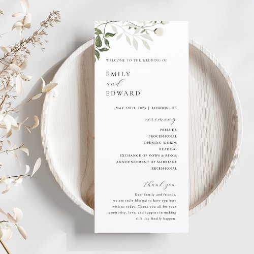 Sage Green and White Floral Wedding Program