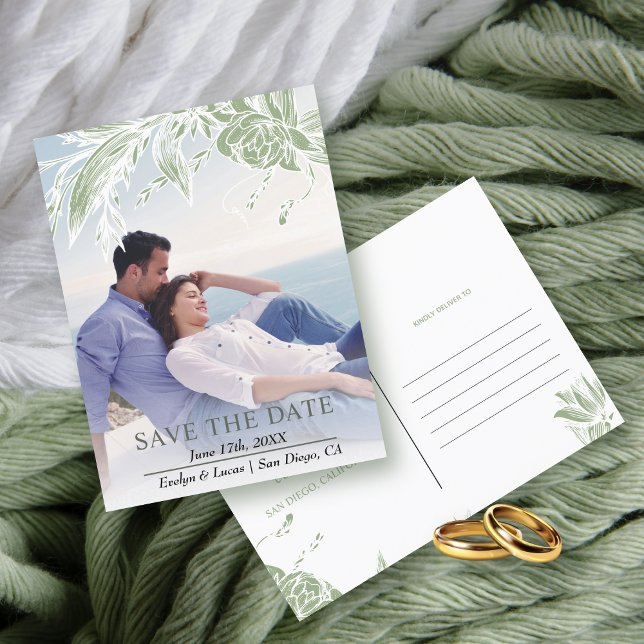 Sage green and white flowers photo Save the Date Postcard (Creator Uploaded)