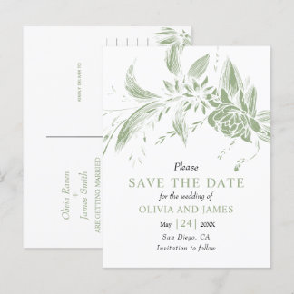 Sage green and white flowers Save the Date Postcard