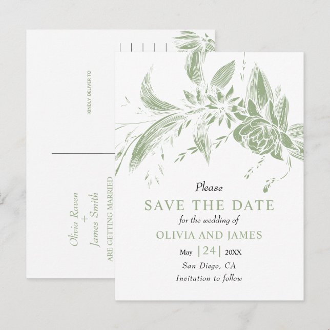 Sage green and white flowers Save the Date Postcard (Front/Back)
