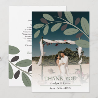 Sage green and white flowers wedding photo  thank you card