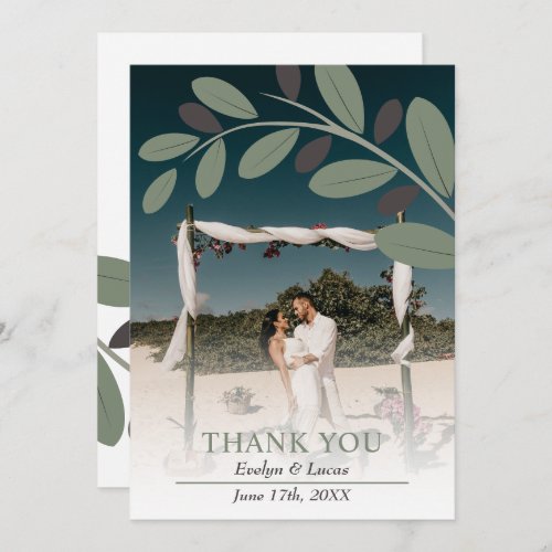 Sage green and white flowers wedding photo  thank you card
