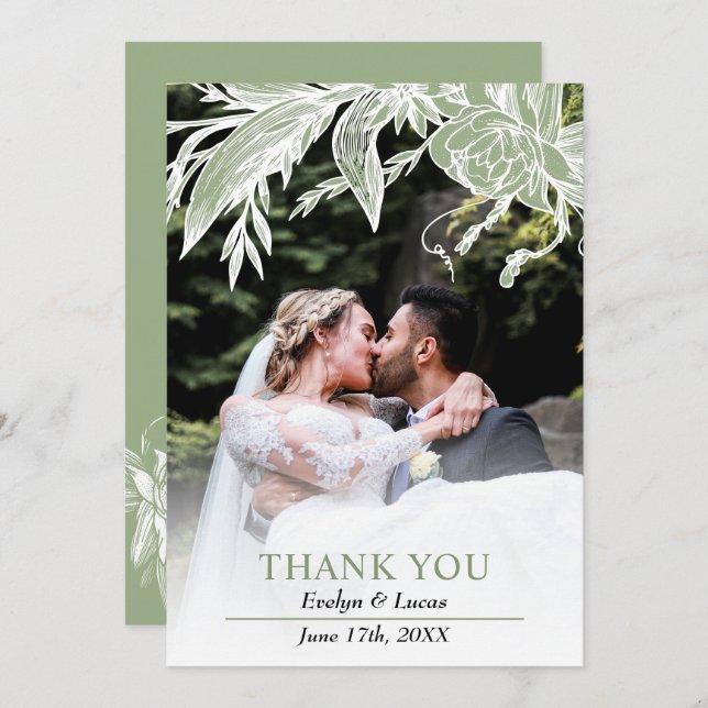Sage green and white flowers wedding photo  thank you card (Front/Back)