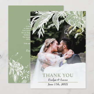 Sage green and white flowers wedding photo  thank you card