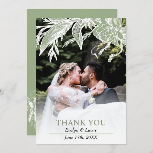 Sage green and white flowers wedding photo  thank you card