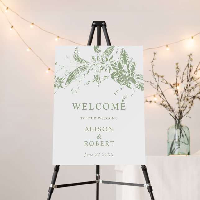 Sage green and white flowers wedding welcome sign (In Situ (Stand))