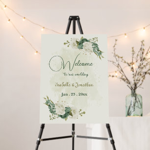 sage green and white flowers wedding welcome sign