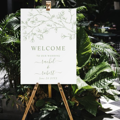 Sage green and white flowers wedding welcome sign