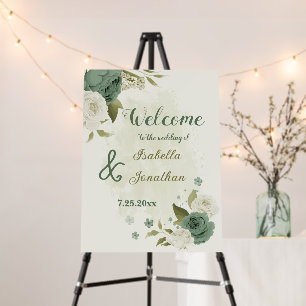sage green and white flowers wedding welcome sign