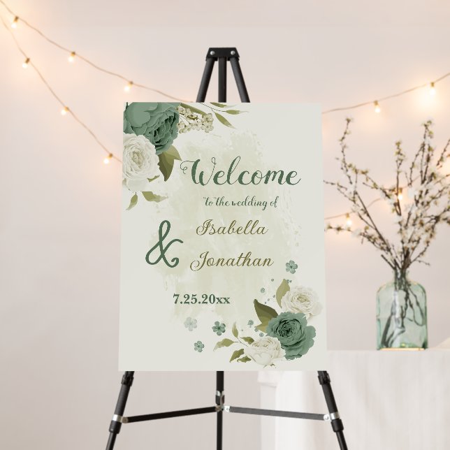 sage green and white flowers wedding welcome sign (In Situ (Stand))