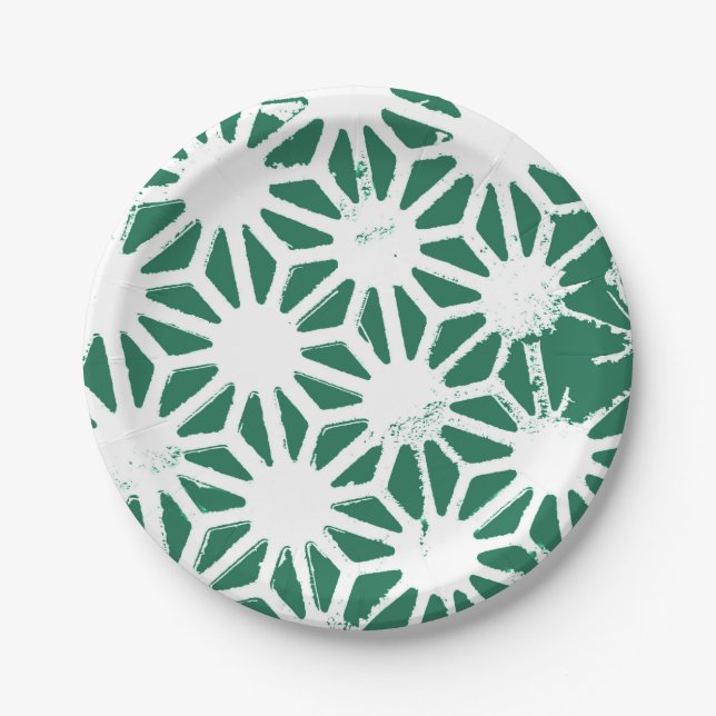 Sage green and white geometric pattern paper plates (Front)