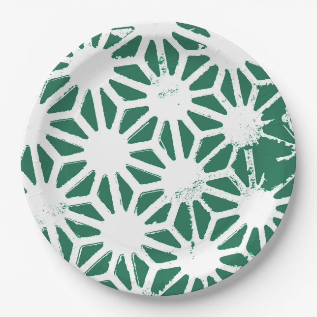 Sage green and white geometric pattern paper plates (Front)