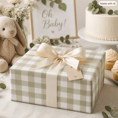 Sage Green and White Gingham Check Pattern Wrapping Paper