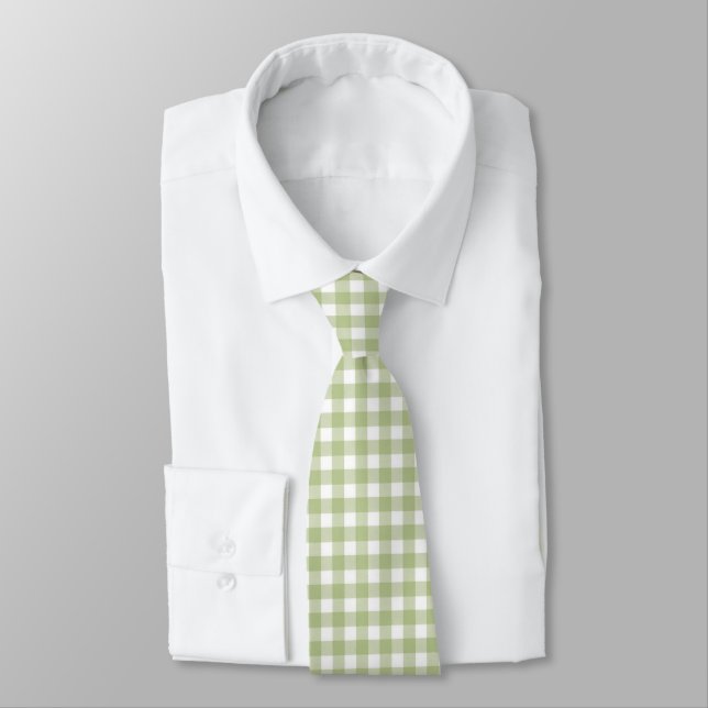 Sage Green and White Gingham Neck Tie (Tied)