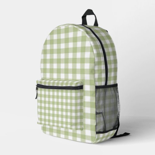 Sage Green and White Gingham Print Printed Backpack