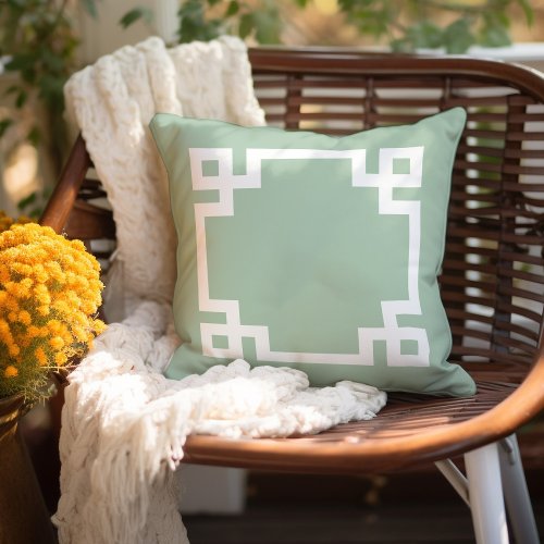 Sage Green and White Greek Key  Editable Colors Outdoor Pillow