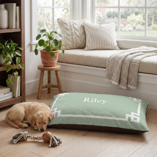 Sage Green and White Greek Key Monogram Pet Bed
