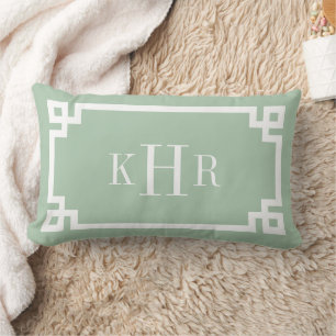 Sage Green and White Greek Key   Monogrammed Lumbar Pillow
