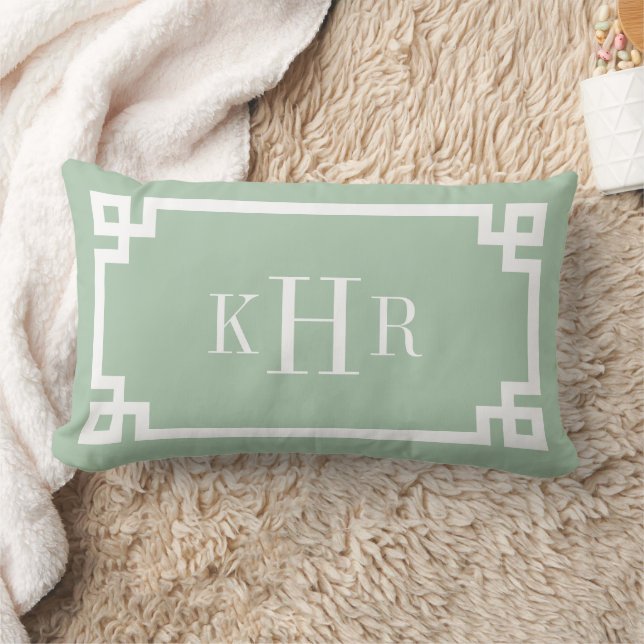 Sage Green and White Greek Key | Monogrammed Lumbar Pillow (Blanket)