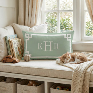 Sage Green and White Greek Key | Monogrammed Lumbar Pillow
