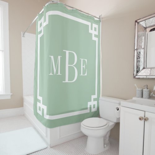 Sage Green and White Greek Key  Monogrammed Shower Curtain