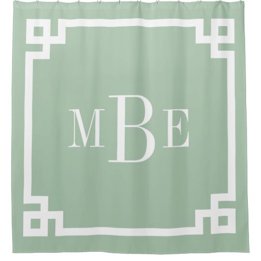 Sage Green and White Greek Key Monogrammed Shower Curtain