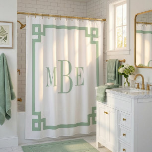 Sage Green and White Greek Key   Monogrammed Shower Curtain