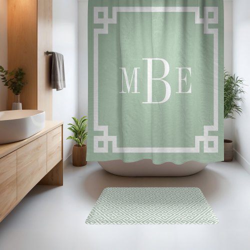 Sage Green and White Greek Key  Monogrammed Shower Curtain