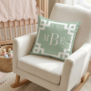 Sage Green and White Greek Key   Monogrammed Throw Pillow